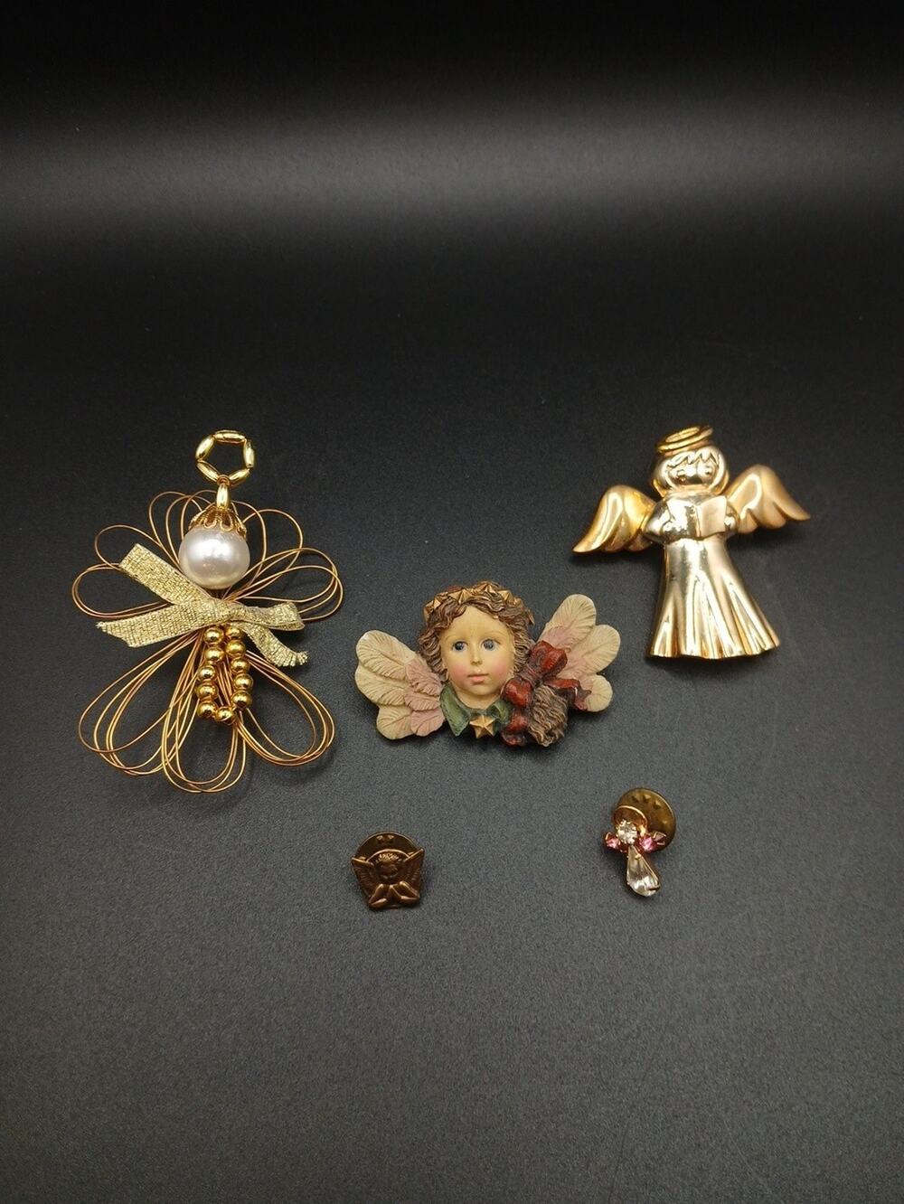 Vintage Angel Brooch & Lapel Pin Lot of 5, Gold Tone Wire Pearl, 90s Boyds Bears